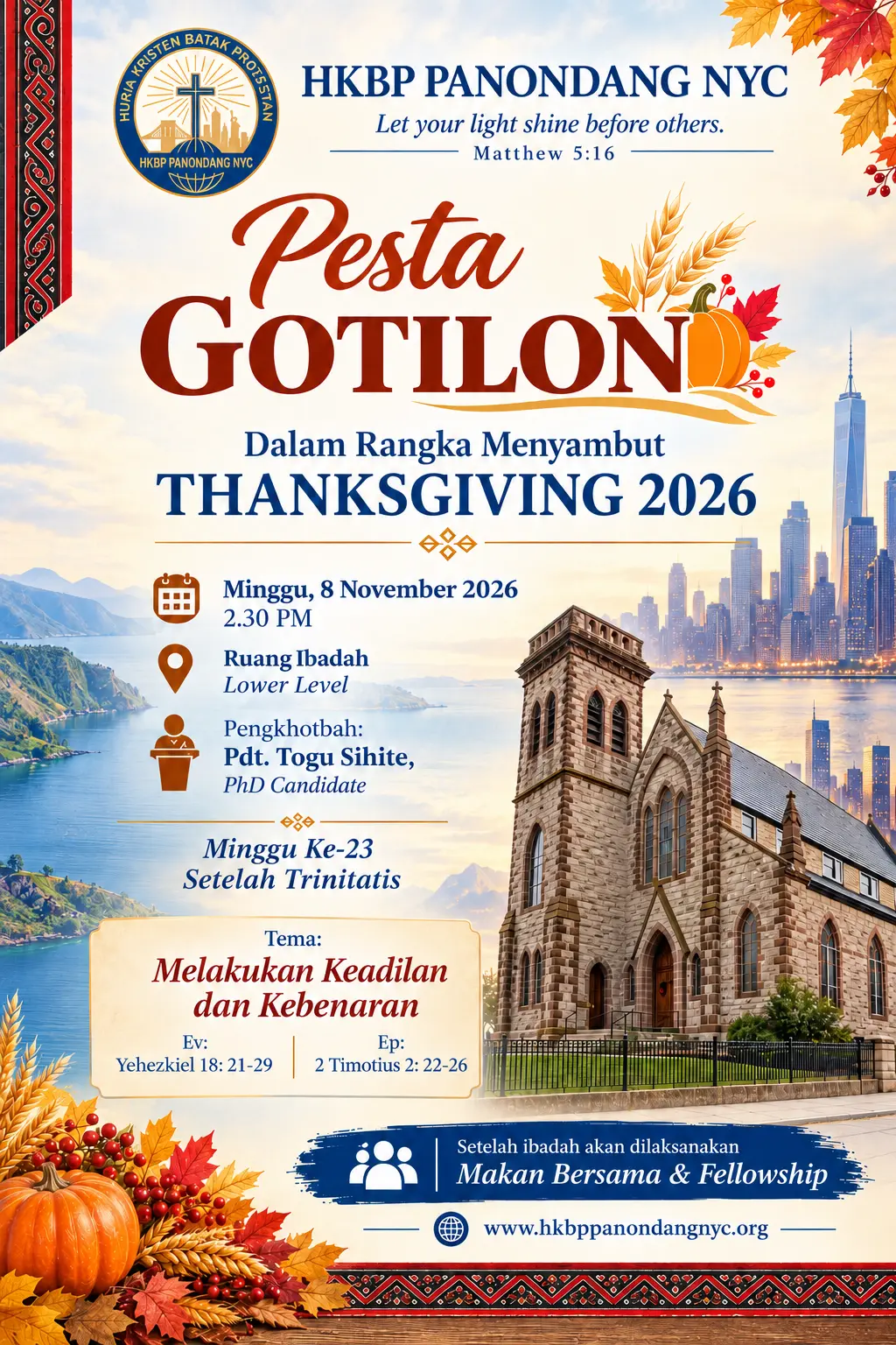 Flyer: Pesta Gotilon, Thanksgiving 2026, Sunday November 8 at 2:30 PM, Lower Level Worship Room